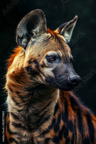 Mystic portrait of Striped Hyena in studio  copy space on right side  Anger  Menacing  Headshot  Close-up View Isolated on black background