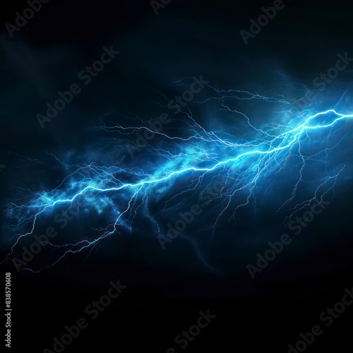 Blue Lightning Flash Bolt Thunderstorm on Black Background - AI Generated