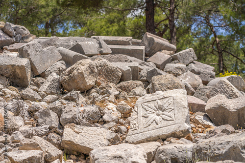 Ancient Heroon of Cadyanda, Turkey: Intricate Stone Carvings Amidst Ruins in a Forested Archaeological Site photo