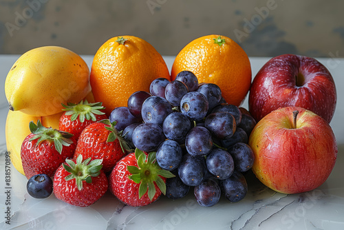 A colorful assortment of fruits on a table  symbolizing a healthy diet. Concept of vitamins and minerals. Generative Ai.