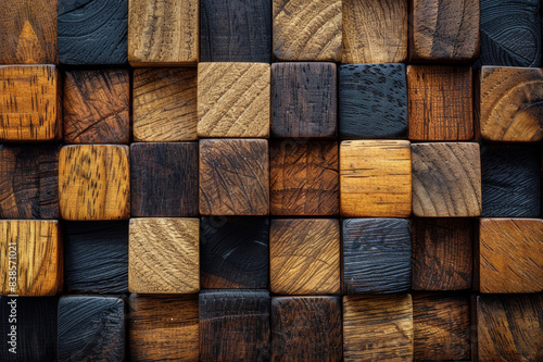 Wooden blocks arranged like a chessboard to symbolize planning and strategic thinking, in a well-lit, top-down view showing precision and order.. AI generated.