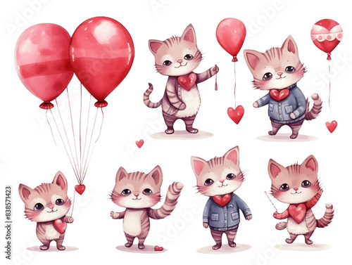 Set of animals illustrations in Water color, cute cats, hearts and flowers, love card for valentine