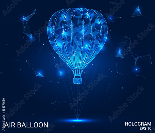 A hologram air balloon. A air balloon made of polygons, triangles of points and lines. The balloon is a low-poly compound structure. Technology concept vector.