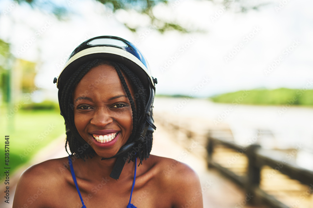 Summer, cyclist and black woman with helmet, portrait and smile with safety, ride and travel in road. Outdoor, face and person with transport, journey and trip with scooter, fun and cheerful of sport Summer, cyclist and black woman with helmet, portrait and smile with safety, ride and travel in road. Outdoor, face and person with transport, journey and trip with scooter, fun and cheerful of sport