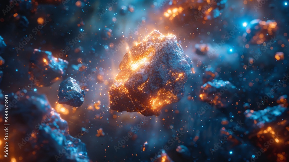 Fototapeta premium Floating meteorite fragments, UhD, 8K, 