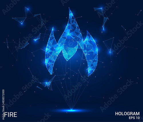 The hologram is fire. Fire from polygons, triangles of dots and lines. The fire icon is a low-poly compound structure. Technology concept vector.