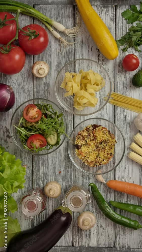 Overhead view of crop people putting glass bowls with salad, pasta and spices on wooden board among fresh vegetables and spices. Vertical shot. Overhead view of crop people putting glass bowls with salad, pasta and spices on wooden board among fresh vegetables and spices. Vertical shot.