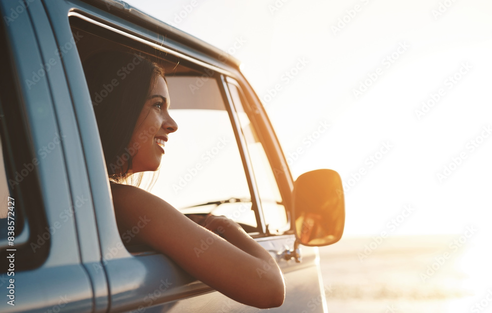 Naklejka premium Road trip, woman and thinking in care with transportation, van and travel for holiday and vacation. Transport, parking and adventure with idea and calm in summer with driving and journey with driver