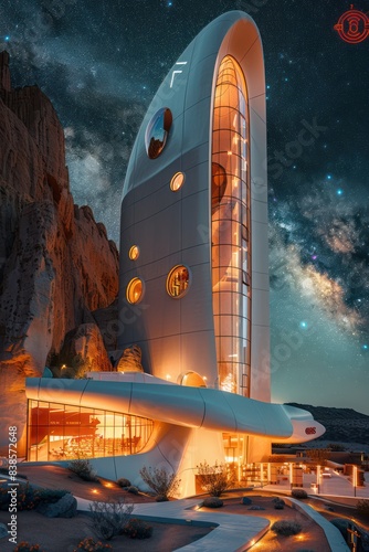 A dynamic scene featuring a futuristic spaceport spaceport tower photo