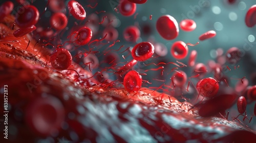 3d render of red cells flowing in the veins, closeup view, detailed and realistic illustration, medical background, red color scheme, high resolution photography,