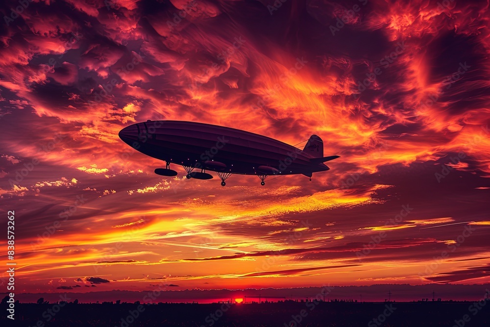 Naklejka premium A Zeppelin flies through a fiery sunset sky