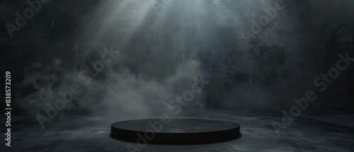 A spotlight shines down on a dark, smoky stage. Podium black dark smoke background product platform abstract stage texture fog spotlight. photo