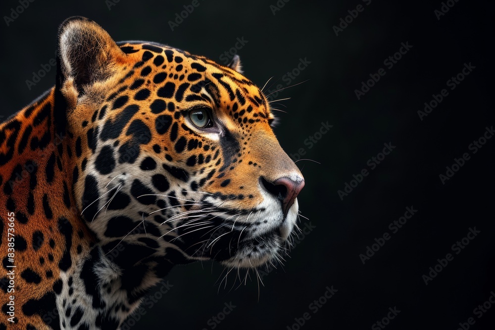 Obraz premium Mystic portrait of Amazon Jaguar in studio, copy space on right side, Anger, Menacing, Headshot, Close-up View Isolated on black background