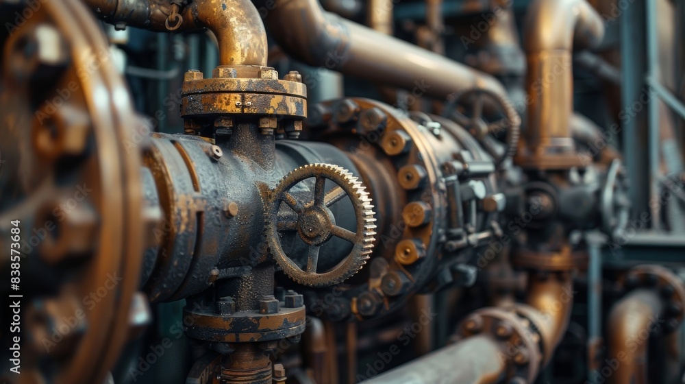 A closeup of a valves interior showing a maze of rusty pipes and gears emphasizing its importance in an industrial setting A closeup of a valves interior showing a maze of rusty pipes and gears emphasizing its importance in an industrial setting