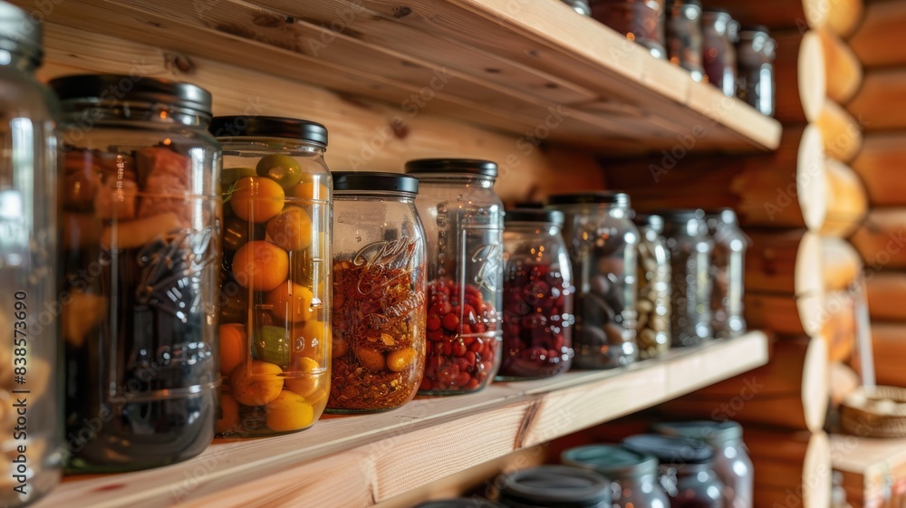 Shelves filled with various preserved foods in jars inside rustic wooden pantry Shelves filled with various preserved foods in jars inside rustic wooden pantry