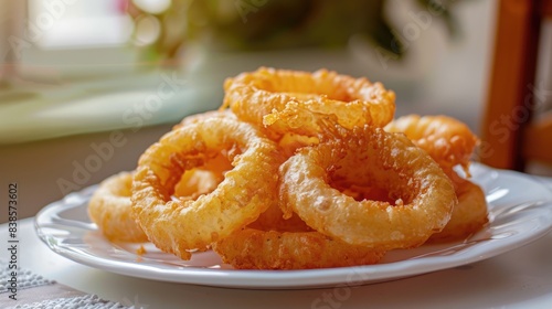 Golden breaded and deep fried crispy onion rings on white plate