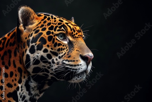 Mystic portrait of Amazon Jaguar in studio  copy space on right side  Anger  Menacing  Headshot  Close-up View Isolated on black background