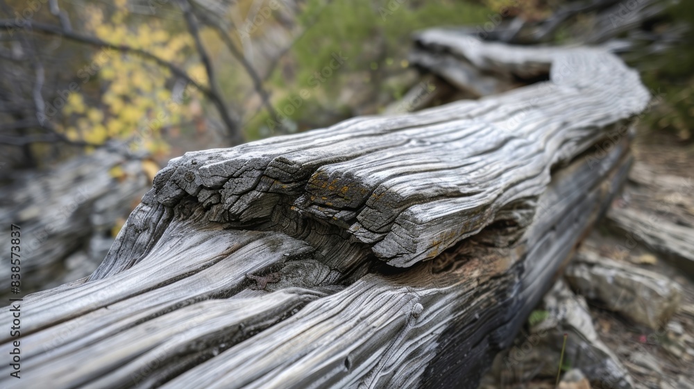A detailed image of a warped and warped wooden safety rail warped and twisted from years of exposure to extreme weather conditions A detailed image of a warped and warped wooden safety rail warped and twisted from years of exposure to extreme weather conditions