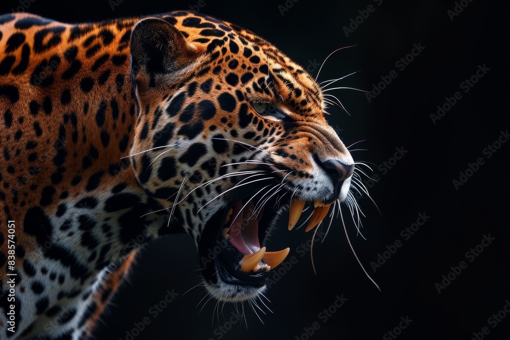 Mystic portrait of East African Jaguar in studio, copy space on right side, Anger, Menacing, Headshot, Close-up View Isolated on black background Mystic portrait of East African Jaguar in studio, copy space on right side, Anger, Menacing, Headshot, Close-up View Isolated on black background