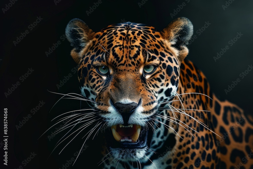 Mystic portrait of East African Jaguar in studio, copy space on right side, Anger, Menacing, Headshot, Close-up View Isolated on black background Mystic portrait of East African Jaguar in studio, copy space on right side, Anger, Menacing, Headshot, Close-up View Isolated on black background