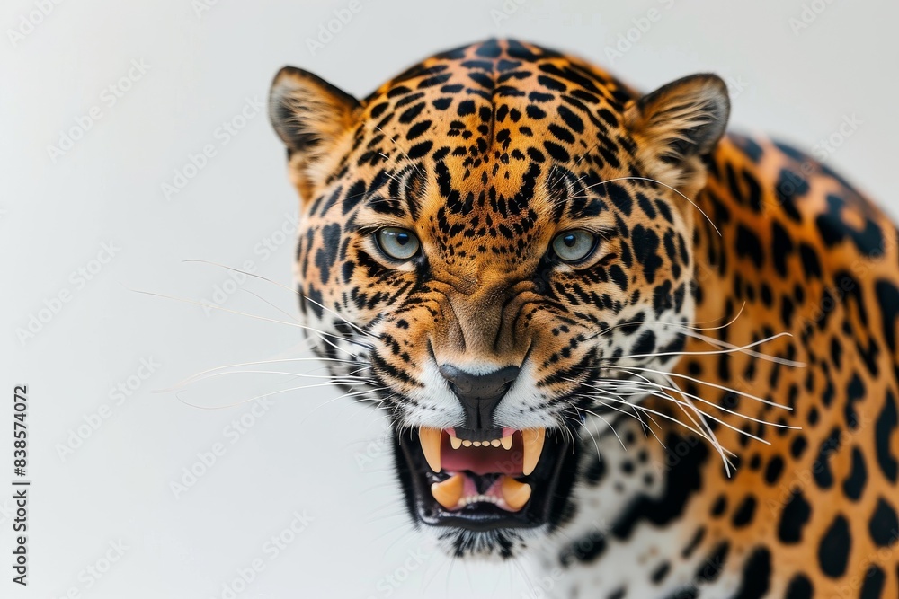 Obraz premium Mystic portrait of East African Jaguar in studio, copy space on right side, Anger, Menacing, Headshot, Close-up View