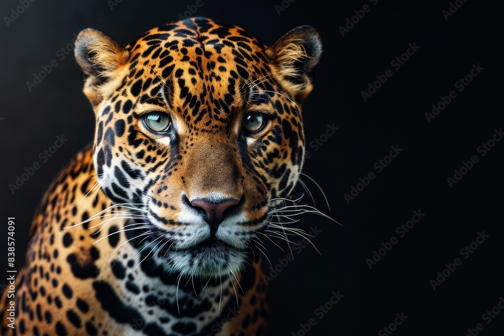 Mystic portrait of East African Jaguar in studio, copy space on right side, Anger, Menacing, Headshot, Close-up View Isolated on black background Mystic portrait of East African Jaguar in studio, copy space on right side, Anger, Menacing, Headshot, Close-up View Isolated on black background
