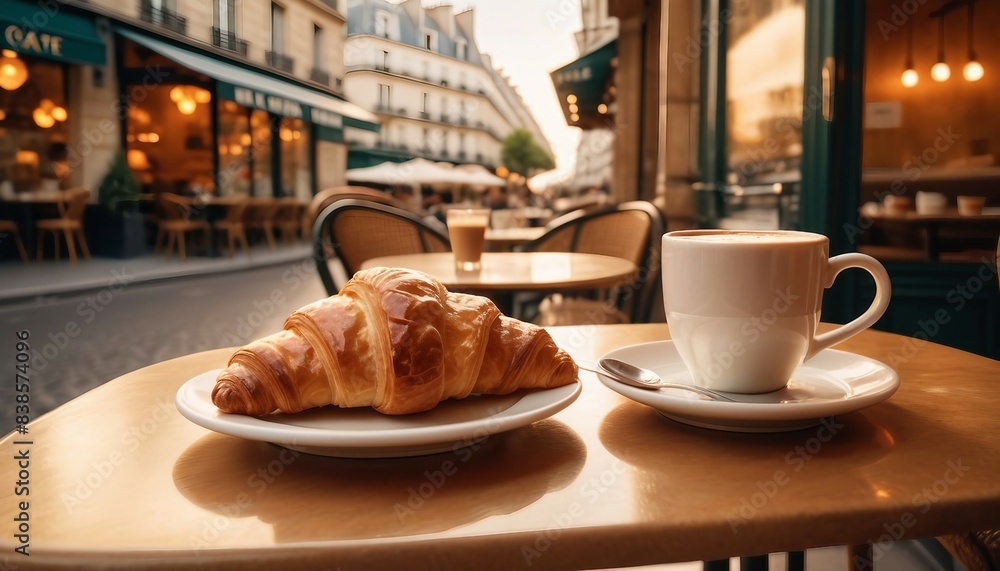 a mug of coffee and croissant at a table in front of a cozy cafe in Paris
a mug of coffee and croissant at a table in front of a cozy cafe in Paris