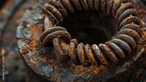 Macro shot of a single frayed coil of an old industrial spring revealing the rough textures and exposed metal threads photo