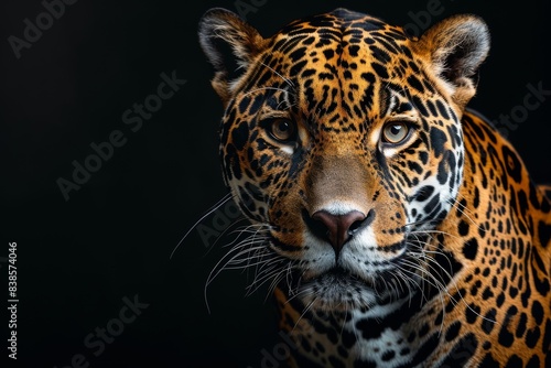 Mystic portrait of East African Jaguar in studio  copy space on right side  Anger  Menacing  Headshot  Close-up View Isolated on black background