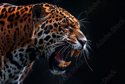 Mystic portrait of East African Jaguar in studio, copy space on right side, Anger, Menacing, Headshot, Close-up View Isolated on black background