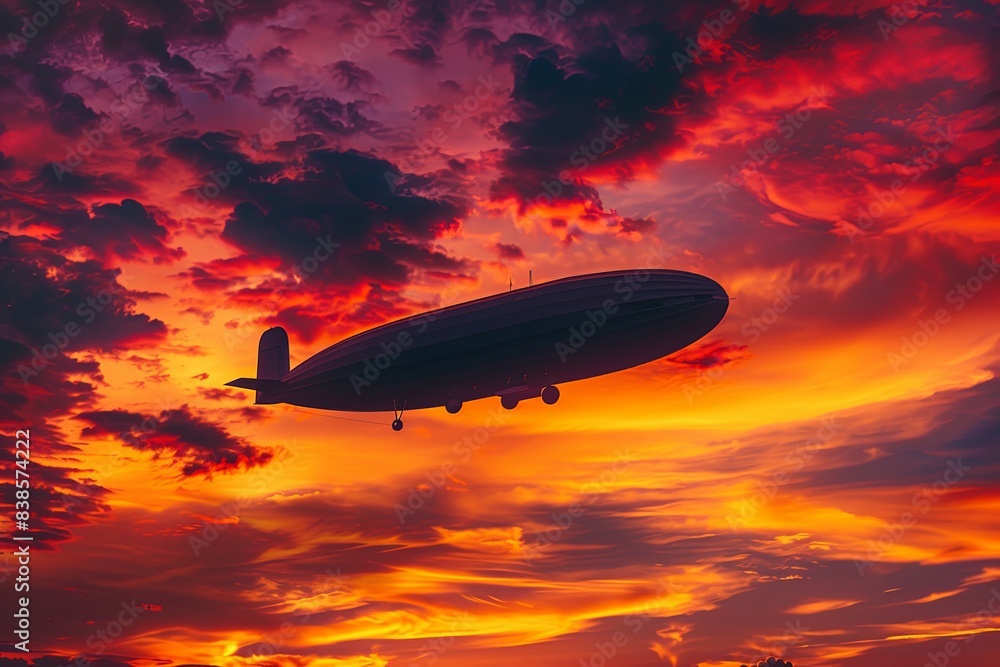 A Zeppelin flies against a fiery sunset sky A Zeppelin flies against a fiery sunset sky