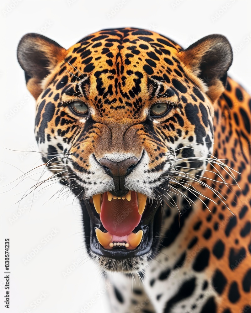 Mystic portrait ofAmerican Jaguar, copy space on right side, Anger, Menacing, Headshot, Close-up View Isolated on white background Mystic portrait ofAmerican Jaguar, copy space on right side, Anger, Menacing, Headshot, Close-up View Isolated on white background