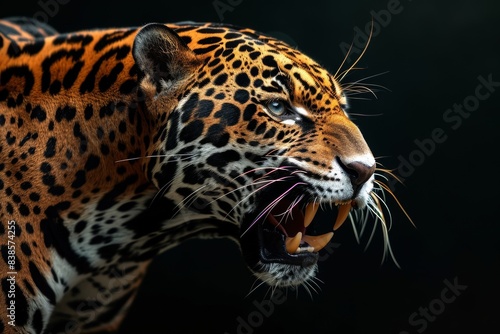 Mystic portrait ofAmerican Jaguar in studio, copy space on right side, Anger, Menacing, Headshot, Close-up View Isolated on black background