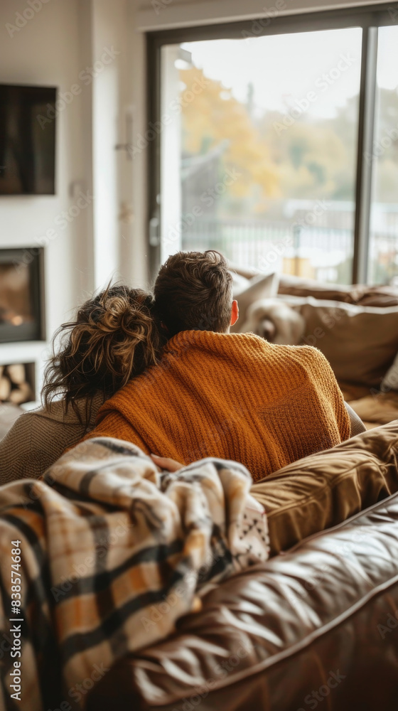 Obraz premium A couple cuddles on a leather couch in a cozy living room, enjoying the view through a large window. They are both wearing warm sweaters and a plaid blanket is draped over them