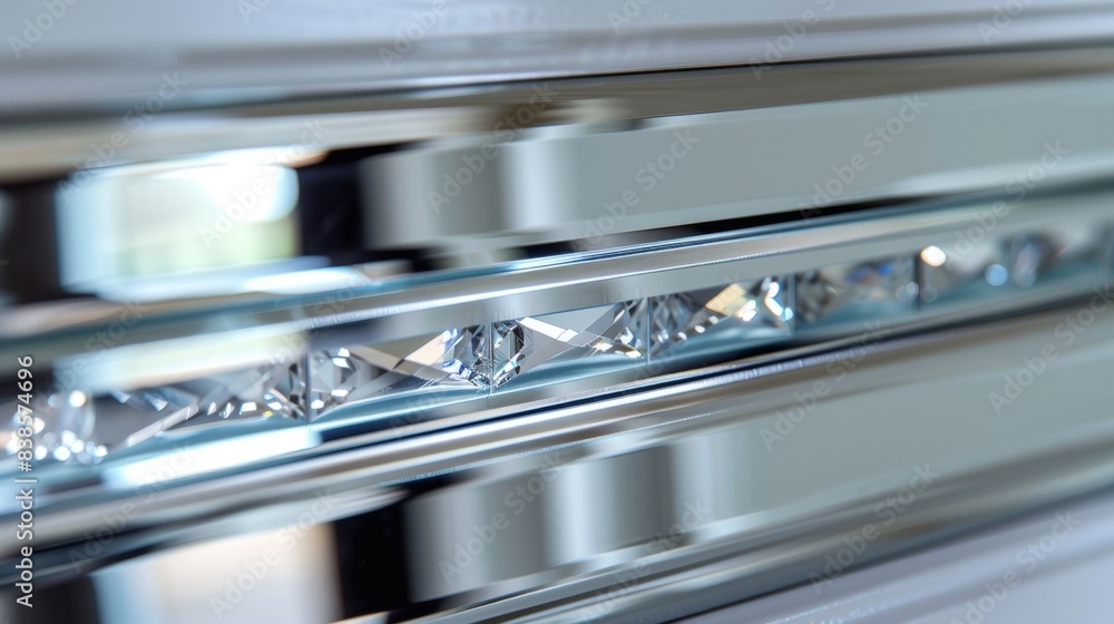 This closeup image focuses on the sparkling edges of the mirrored closet door revealing the fine lines where the glass meets the frame. The delicate beveled edges add a touch of eleganc This closeup image focuses on the sparkling edges of the mirrored closet door revealing the fine lines where the glass meets the frame. The delicate beveled edges add a touch of eleganc