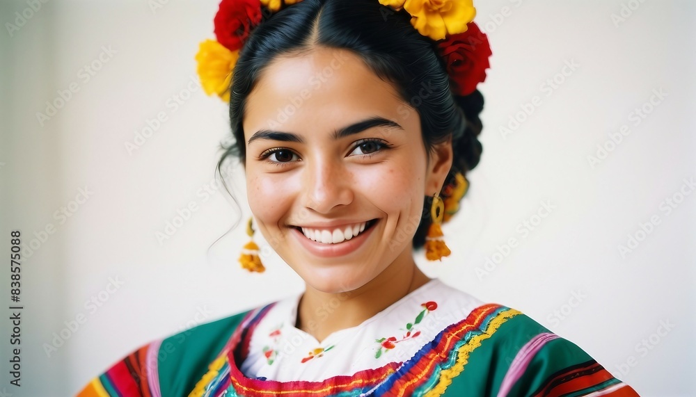 portrait of a Mexican woman in traditional dress with a sincere smile, isolated white background
portrait of a Mexican woman in traditional dress with a sincere smile, isolated white background