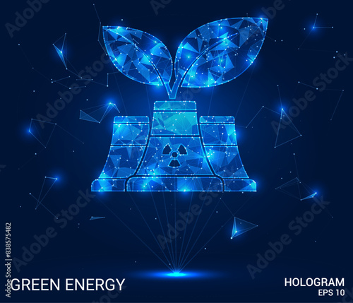 Hologram of green energy with a cooling tower and a plant above it. Modern digital illustration. Ideal for sustainability, renewable energy, and environmental concepts.