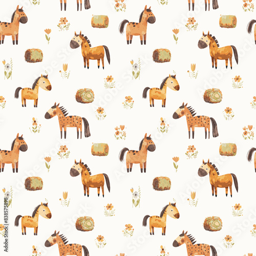 Cute horse and hay seamless pattern