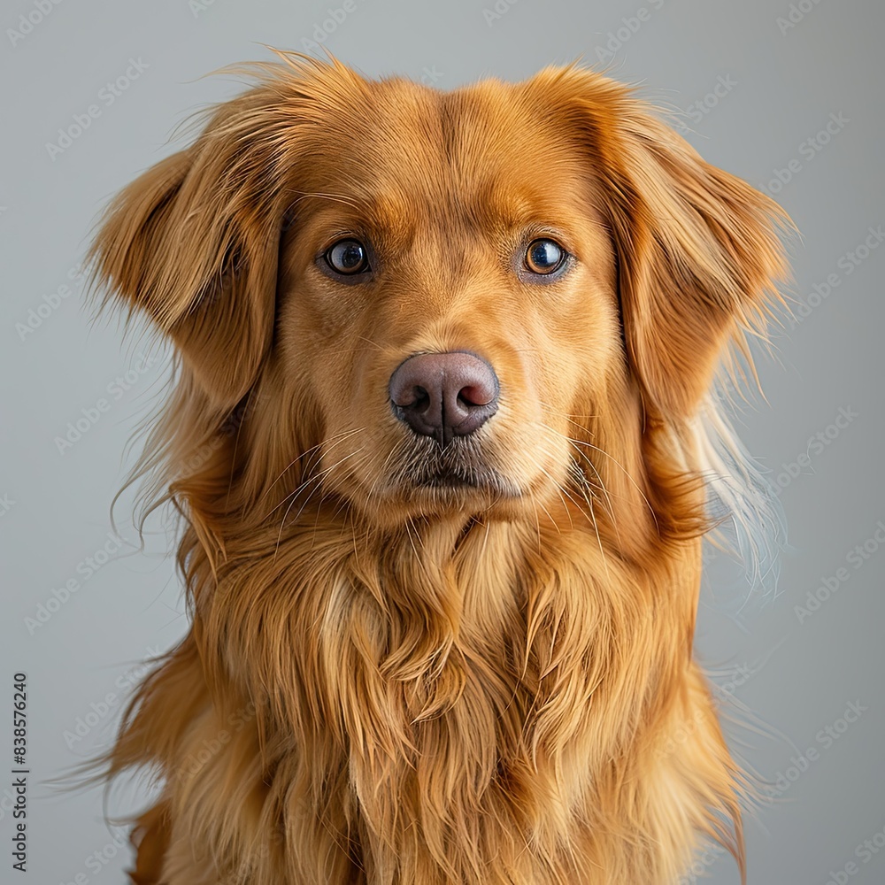 Create a photorealistic image of a medium-sized dog with a natural-looking glossy coat, sitting down centrally against a plain white background.