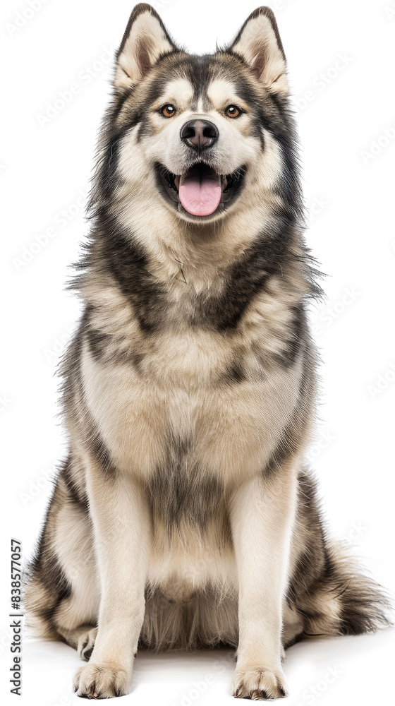 full body portrait of happy Alaskan Malamute Siberian Huskies dog sitting with mouth open and tongue hanging out isolated on white background full body portrait of happy Alaskan Malamute Siberian Huskies dog sitting with mouth open and tongue hanging out isolated on white background