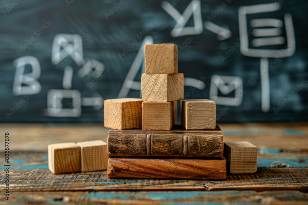 Wooden blocks arranged in a foundational structure with a stack of books and educational symbols on top, depicting the essential building blocks of learning.. AI generated. Wooden blocks arranged in a foundational structure with a stack of books and educational symbols on top, depicting the essential building blocks of learning.. AI generated.