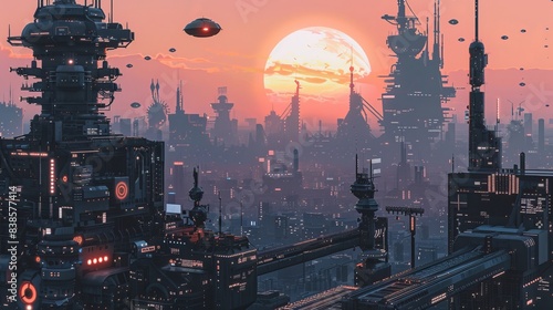 Dawn view of a cybernetic city with robotic inhabitants and sleek high-rises, ultra-realistic, digital painting,  photo