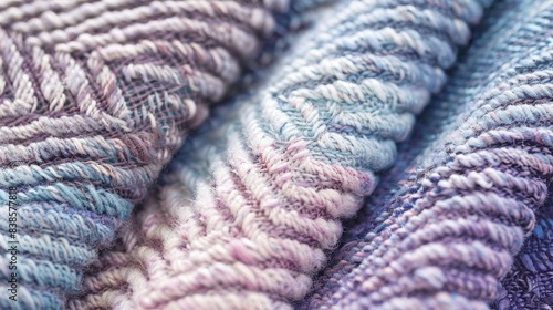 Strands of brushed wool overlap in a diagonal pattern giving the fabric a unique and eyecatching texture. Shades of pale blue and lavender add a delicate touch to the overall composition