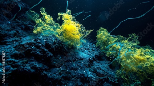 Glowing tendrils of algae reaching out from the ocean floor a brilliant contrast against the inky blackness of the abyss