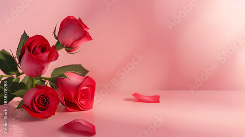 Fototapeta Naklejka Na Ścianę i Meble -  Valentine's Day design concept background with pink and red rose flower on pink table background, Valentines, Spring or Mothers day, generative ai