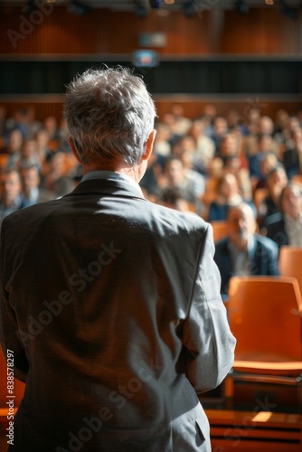 Speaker in front of the audience debate in a hall of people © Media Srock