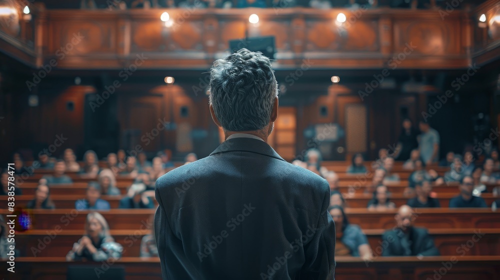 Speaker in front of the audience debate in a hall of people Speaker in front of the audience debate in a hall of people