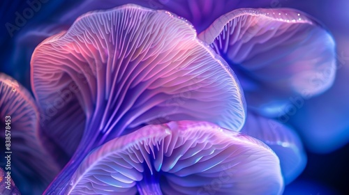 A closeup of a luminescent mushrooms stem the purple and blue hues swirling together like a tiedyed pattern photo