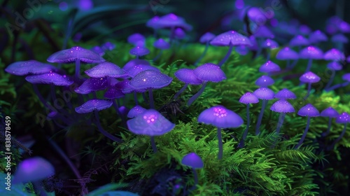 A patch of luminescent mushrooms their caps a mix of deep purple and neon green resembling ling stars in the night sky