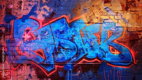 The electric blue letters of the graffiti stand out against a background of flickering neon lights making it the focal point of the urban landscape